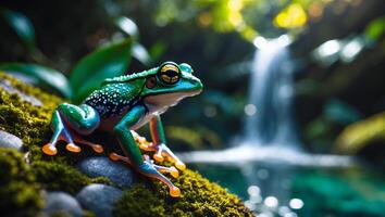 Green Tree Frog Sitting on Mossy Rock Near Waterfall Scene photo