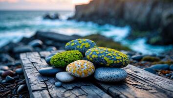 Colorful Painted Rocks on Weathered Wood by the Ocean Shore photo