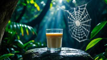 Glass of Beverage on a Rock in a Lush Jungle Setting photo