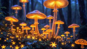 Glowing Mushrooms in Enchanted Forest with Starry Light photo