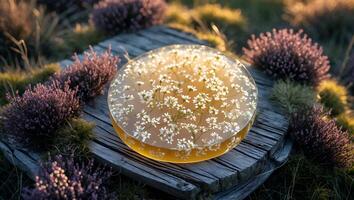 Daisy Flower Petals in Resin Orb Resting on Weathered Wooden Surface photo