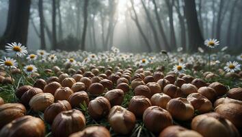 Gathered Hazelnuts on Forest Floor with Daisies and Misty Light photo