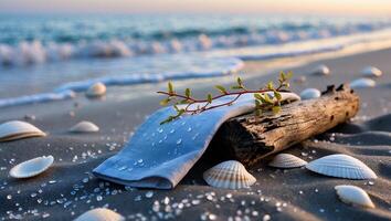 Seaside Still Life with Cloth, Driftwood, and Shells on Beach photo