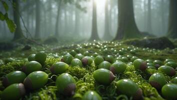 Acorns Scattered on Forest Floor with Moss and Soft Light photo