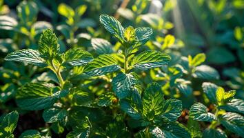 Fresh Mint Herb Growing in Garden with Sunlight Shining Through photo