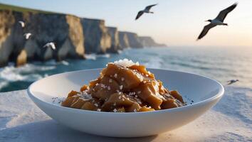 Caramel Dessert Topped with Salt Flakes with Coastal Backdrop Scene photo