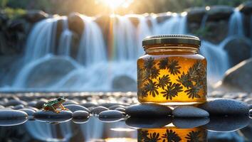 Frog and Jar by Waterfall Reflecting Sunlight on Smooth River Stones photo