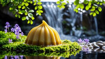 Unique Yellow Dessert Surrounded by Moss, Waterfall, and Small Flowers photo