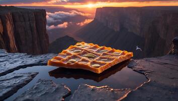 Waffle Resting on Rock with Sunset View and Water Reflection photo