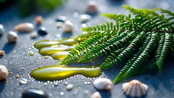 Fern Leaf and Oil Drops on Concrete Surface with Seashells photo