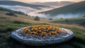 Sunflowers and Seeds on Stone in a Foggy Mountain Landscape photo