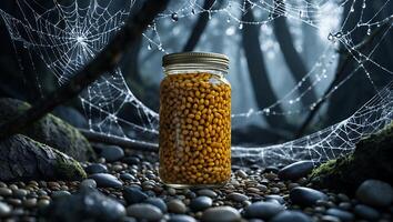 Jar of Seeds Stands Out in Mysterious Forest with Cobwebs photo
