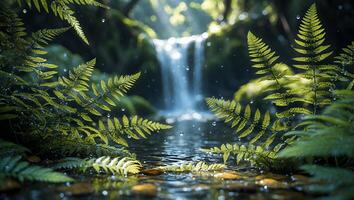 Waterfall and Ferns Serene Nature Scene with Water Droplets photo
