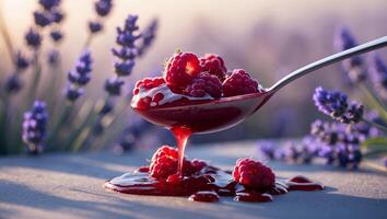 Raspberries Dripping From Spoon on Table with Lavender Background photo