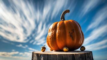 Pumpkin Display with Acorns on Stump Against Dramatic Sky photo