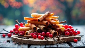 Arrangement of Fruit Leather Rolls with Red Currants on Wooden Board photo