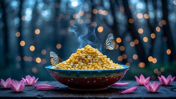 Hot Corn Kernels in Bowl with Butterflies and Lotus Flowers photo