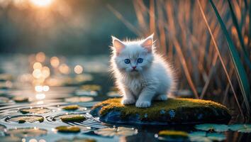Kitten Sitting on Mossy Rock in Pond at Golden Hour Light photo