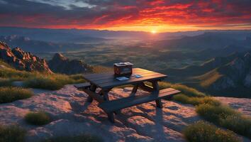Picnic Table on Mountain Top at Sunset with Scenic Valley View photo