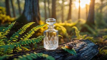 Crystal Decanter and Snail on Log in Forest Sunlight photo