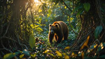 Bear Walking Through Forest with Sunlight Streaming Through Leaves photo