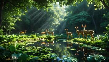Deer by Pond in Forest with Sunlight Reflections in Water photo