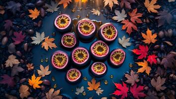 Passion Fruit Halves in Autumn Leaves and Stones on Watery Surface photo