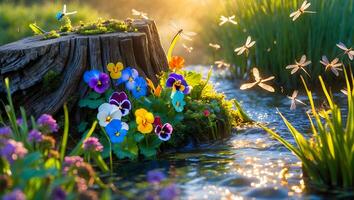 Pansies Blooming Beside Tree Stump by Water with Dragonflies Flying photo
