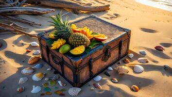 Tropical Fruit on Vintage Trunk at Sandy Beach Seaside Scene photo