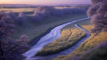 Scenic River Flowing Through Grassy Fields with Trees and Sunset photo