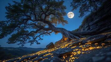 Tree at Night with Glowing Mushrooms Under a Full Moon Sky photo