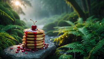 Stack of Pancakes with Cherry Syrup and a Natural Forest Backdrop photo