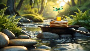 Pancakes Stacked in Pan on River Rocks with Dragonfly Overhead photo