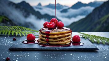Stack of Pancakes Topped with Raspberries and Syrup Mountain View photo