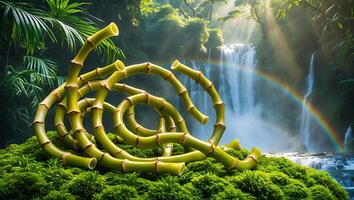 Bamboo Spiral on Moss with Waterfall and Rainbow in Background photo