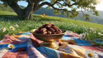 Pecan Nuts in Golden Bowl on Quilt in Grassy Field photo