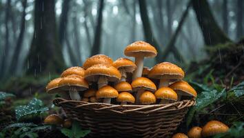 Harvesting Mushrooms in a Wicker Basket Under Rainy Forest Scenery photo