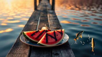 Watermelon Slices on Dock with Jumping Fish at Golden Hour photo