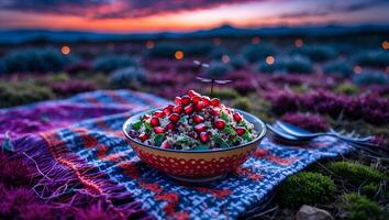 Delicious Pomegranate Salad in Bowl Picnic Outdoor at Colorful Sunset photo