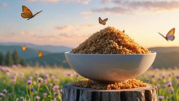 Quinoa in Bowl Surrounded by Butterflies in a Field Landscape photo