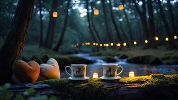 Cups and Hearts in Forest with Lights Over Gentle Stream photo