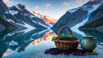 Basket of Berries Near Still Lake Reflecting Snowy Mountains at Dusk photo
