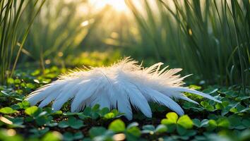 White Feather Resting on Clover Field Lit by Golden Sunlight photo
