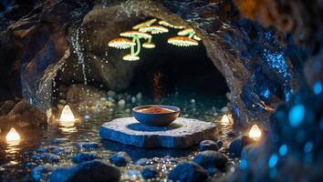 Bowl in Enchanted Cave with Glowing Mushrooms and Floating Dust photo