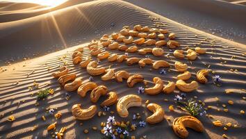 Cashew Nuts on Sand Dunes with Flowers and Sun Rays photo