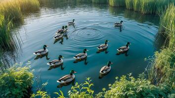 Ducks Swimming in a Pond Surrounded by Greenery Peaceful Water photo