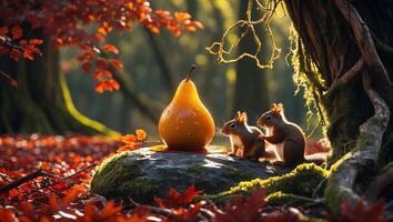 Squirrels Exploring a Pear on Mossy Rock in Autumn Forest photo