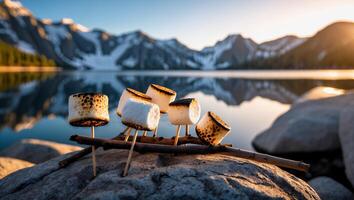 Roasting Marshmallows by Lake with Mountains at Sunset Scene photo