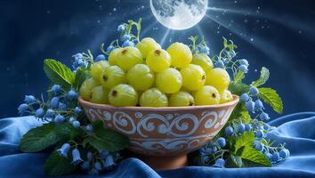 Gooseberries in Bowl with Blue Flowers and Night Sky photo