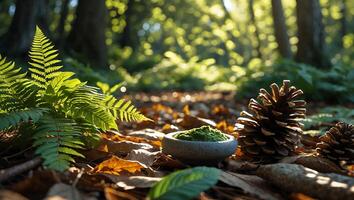 Green Powder in Bowl Amongst Ferns and Pinecones in Forest photo